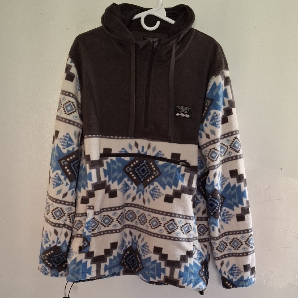 Patterned Fleece Hoodie with Blue and White Accents